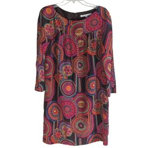 Trina Turk 100% Silk Lined Dress Sz 10 Colorful Long Sleeve Button Detail Midi